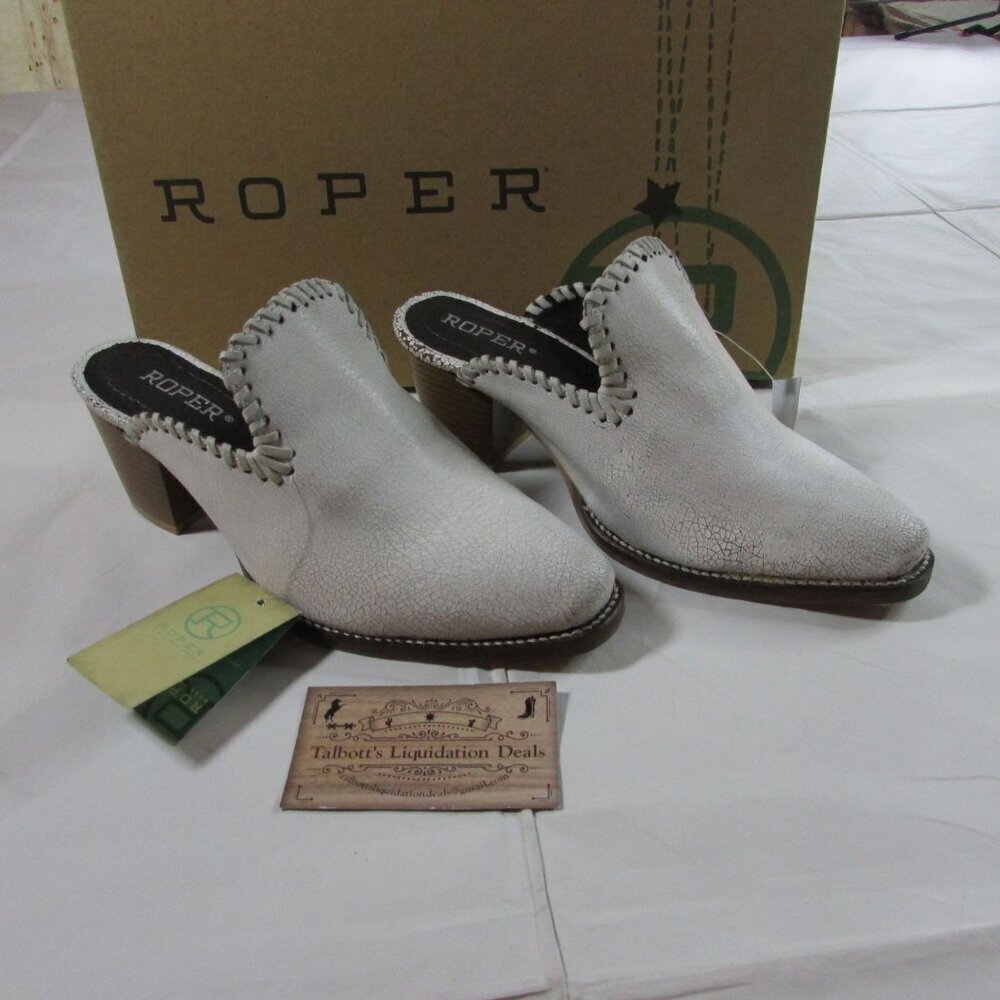 Roper Women's Alma Crackle Leather Heeled Slip On Mule White